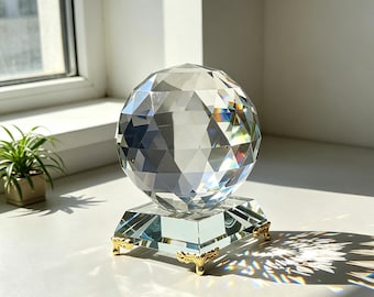 Adorno de esfera de cristal facetada, bola de cristal transparente, decoración de prisma arcoíris, base artesanal.