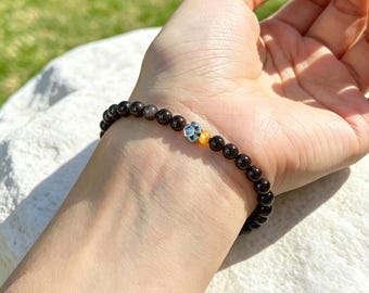 4mmNatural Black Obsidian Beaded Bracelet, Delicate Crystal Bracelet with Enamel Charm, Everyday Stackable Jewelry Gift