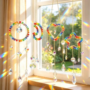 May include: Four hanging suncatchers featuring gold-toned metal frames in circle, crescent moon, heart, and star shapes. Each frame is adorned with colourful beads and suspended by gold chains with clear, multifaceted crystal prisms attached.