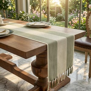May include: A long rectangular table runner featuring alternating vertical stripes of sage green and cream-colored textured fabric. The runner is finished with decorative fringe tassels in matching green and cream tones at the ends.