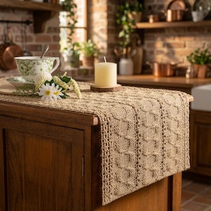 May include: A beige crocheted table runner with a textured, repeating geometric pattern draped over a wooden surface. The runner features an intricate, open-weave design with vertical columns of raised, wavy stitches throughout the fabric.