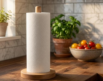 Wooden Paper Towel Holder Countertop - Freestanding Kitchen Roll Stand with Anti-Skid Base