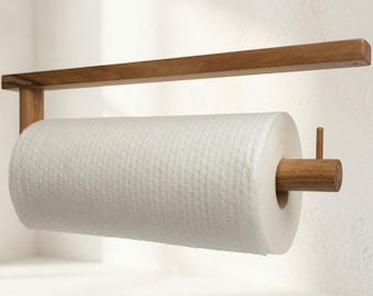 Solid Oak Paper Towel Holder, Wall Mounted Under Cabinet Rack, Rustic Farmhouse Kitchen Decor