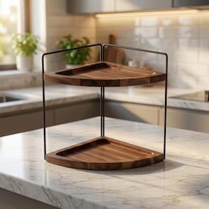 May include: A two-tier corner shelf featuring two triangular wooden trays with a dark brown wood grain finish, supported by a thin black metal frame. The structure is designed to fit into a corner, providing two levels of open storage space.
