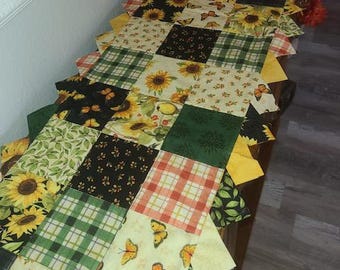 Handmade Patchwork Table Runner with Prairie Points, Sunflowers, Greenery, Butterflies and Birds
