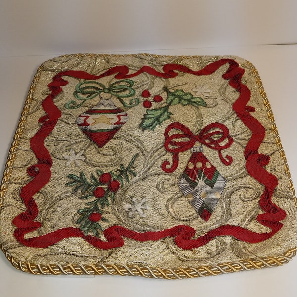 Gorgeous Sparkling Christmas Pillow Cover, Red Ribboned Ornaments, Holly Berries, Golden Corded Edges, Ornament Stars, Golden Swirls