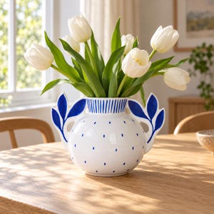 Blue Leaf Hand Painted Ceramic Vase, Sculptural Botanical Table Accent