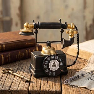 Könnte beinhalten: Ein schwarz-goldenes Wählscheibentelefon mit einem auf einer Gabel liegenden Hörer. Die runde Wählscheibe zeigt Zahlen und Buchstaben, in der Mitte ist eine Glocke abgebildet. Das Telefon hat ein schwarzes Kabel, das den Hörer mit der Basis verbindet.