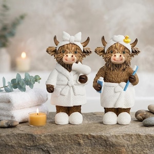 Highland Cow Bathroom Figurines, Scottish Farmhouse Decor, Resin Spa Cow Statues