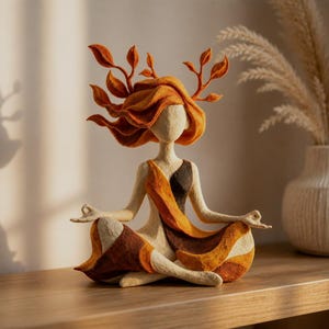 Puede incluir: Una escultura texturizada de una figura en posición de meditación sentada con las piernas cruzadas y las manos en mudra. La figura tiene cabello naranja fluido adornado con ramas en forma de hojas y viste una prenda en tonos crema, naranja y marrón.