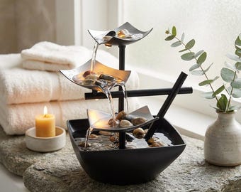 Zen Desktop Waterfall Fountain, 3-Tier Cascading Tabletop Water Feature, LED Light, Office Relaxation Decor