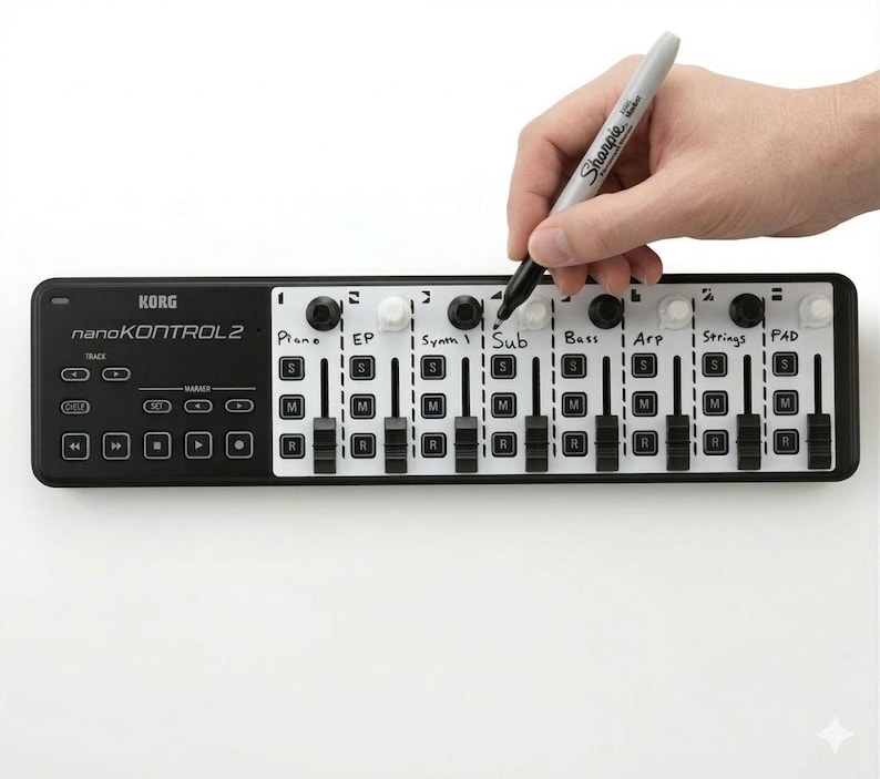 Może przedstawiać: Czarny kontroler MIDI Korg nanoKONTROL2 z białymi i czarnymi suwakami i przyciskami. Ręka trzymająca marker Sharpie pisze na kontrolerze. Kontroler ma etykiety dla Piano, EP, Synth, Sub, Bass, Arp, Strings i PAD.