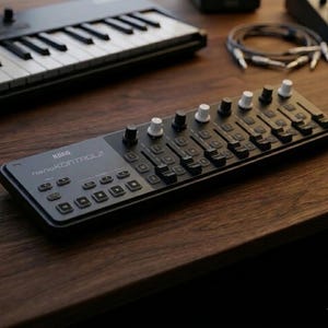 May include: A black Korg nanoKONTROL2 MIDI controller with knobs, faders, and buttons sits on a wooden surface. The controller has the text "KORG nanoKONTROL2" printed on it. A small keyboard and audio cables are in the background.