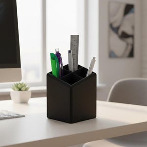 Organizador de escritorio compacto con 4 secciones para bolígrafos, lápices, marcadores y herramientas.