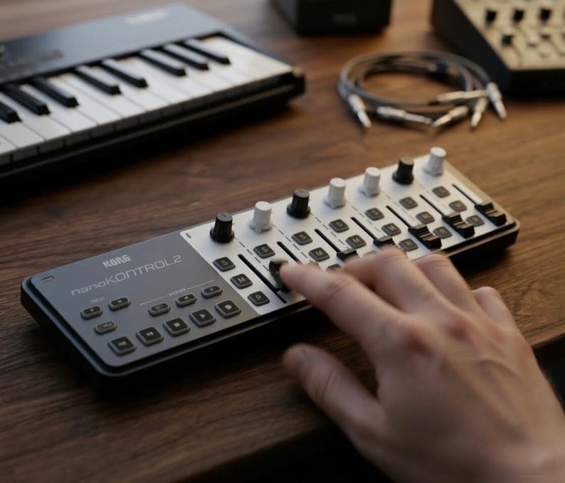 Może przedstawiać: Kontroler MIDI Korg nanoKONTROL2 z czarno-białymi klawiszami, pokrętłami i suwakami. Kontroler znajduje się na drewnianej powierzchni, a ręka reguluje suwak. Inny sprzęt muzyczny znajduje się w tle.