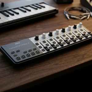 Może przedstawiać: Kontroler MIDI Korg nanoKONTROL2 w czarno-białej kolorystyce, z pokrętłami, suwakami i przyciskami. Kontroler znajduje się na drewnianej powierzchni, w tle mała klawiatura i kable. Widoczny jest napis "KORG nanoKONTROL2".