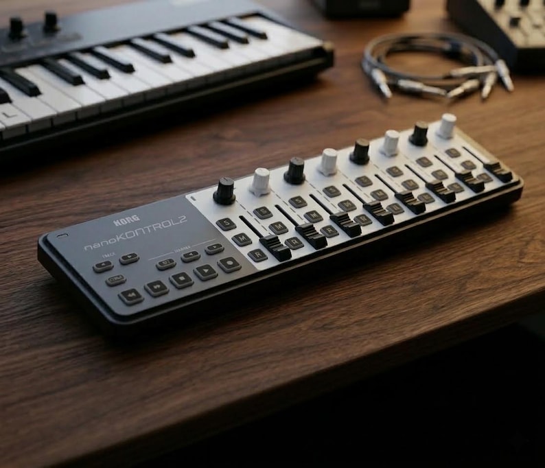 Może przedstawiać: Kontroler MIDI Korg nanoKONTROL2 w czarno-białej kolorystyce, z pokrętłami, suwakami i przyciskami. Kontroler znajduje się na drewnianej powierzchni, w tle mała klawiatura i kable. Widoczny jest napis "KORG nanoKONTROL2".