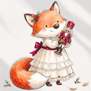 Peut inclure: Une illustration à l'aquarelle représentant un renard orange vêtu d'une robe crème avec une bordure en dentelle et une ceinture en ruban rouge foncé. Le renard porte du houx sur l'oreille et tient un casse-noisette rouge et doré.