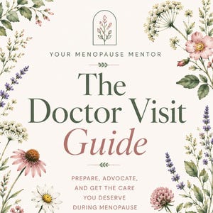 Può includere: Una guida digitale intitolata The Doctor Visit Guide di Megan Ortiz, decorata con illustrazioni botaniche di fiori ed erbe. Il testo recita: Your Menopause Mentor, The Doctor Visit Guide, Prepare, advocate, and get the care you deserve during menopause.