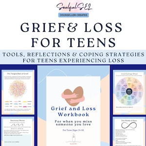 Peut inclure: Un cahier d'exercices numérique intitulé Grief & Loss for Teens comprenant 35 pages imprimables. La couverture montre un cœur enlacé, et les pages intérieures incluent des outils comme The Tangled Ball of Grief, Emotional Waves, une roue des émotions et Two Kinds of Days, conçus pour les adolescents de 13 à 18 ans.