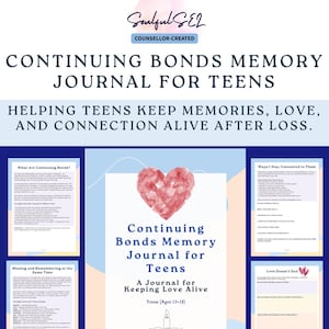 Op de afbeelding: Een Continuing Bonds herinneringsdagboek voor tieners met een lichtblauwe en crèmekleurige kaft, voorzien van een rood aquarelhart, een kaarsicoon en de tekst: Continuing Bonds Memory Journal for Teens, A Journal for Keeping Love Alive, Teens (Ages 13-18).