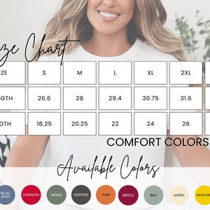 May include: A size chart for Comfort Colors 1717 t-shirts, with measurements in inches. The chart includes sizes S through 3XL, with length and width dimensions. Available colors are listed below the chart, including Berry, Blue Jean, and Crimson.