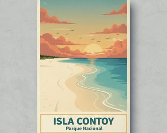 Isla Contoy National Park Poster, Vintage Mexico Beach Sunset Art Print