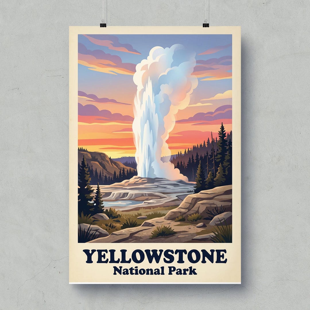 Yellowstone National Park Poster, Old Faithful Geyser Vintage Travel ...