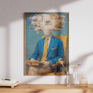 Peut inclure: Impression d'art encadrée représentant un homme en blazer bleu et cravate jaune, assis dans un fauteuil jaune, tenant un livre. La tête de l'homme est remplacée par un nuage de rectangles flottants. Fond bleu clair.
