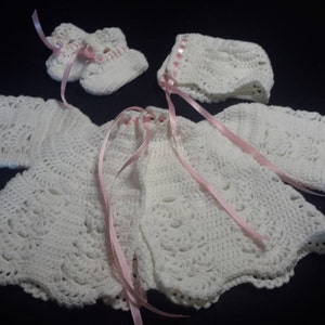 Crochet Baby Outfit: White Jacket, Booties & Bonnet with Pink Ribbon (6-12 Mos)