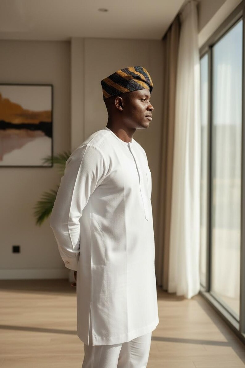 Yoruba Aso Oke Fila Hat, Handwoven Gold and Red Stripes, Traditional African Cap image 7