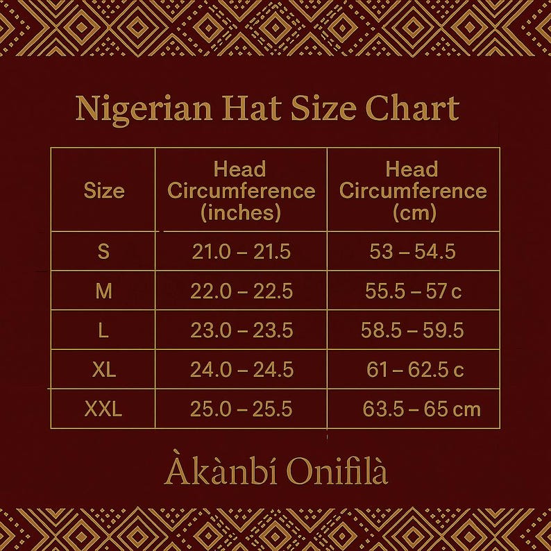 May include: A Nigerian hat size chart displaying head circumference in inches and centimetres, ranging from 21.0 inches (53 cm) to 25.5 inches (65 cm). Sizes are S to XXL. The chart is titled "Nigerian Hat Size Chart".