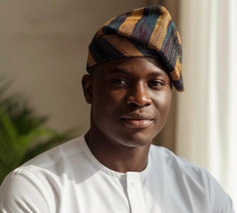 Yoruba Aso Oke Fila Hat, Handwoven Gold and Red Stripes, Traditional African Cap image 6