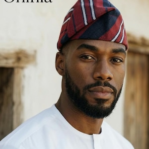 Handwoven Yoruba Aso Oke Fila Hat, Red Navy Blue Stripe, Bandless African Cap image 1
