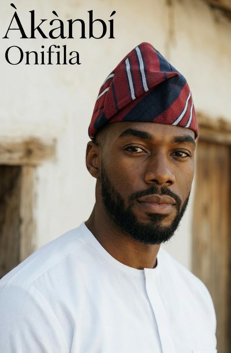 Handwoven Yoruba Aso Oke Fila Hat, Red Navy Blue Stripe, Bandless African Cap image 1