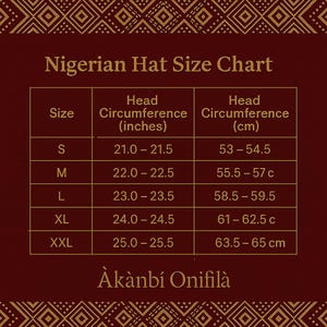 May include: A dark red Nigerian Hat Size Chart with gold text and geometric borders. The table lists sizes S through XXL with corresponding head circumference measurements in inches and centimeters. The text &Agrave;k&agrave;nb&iacute; Onifil&agrave; appears at the bottom.