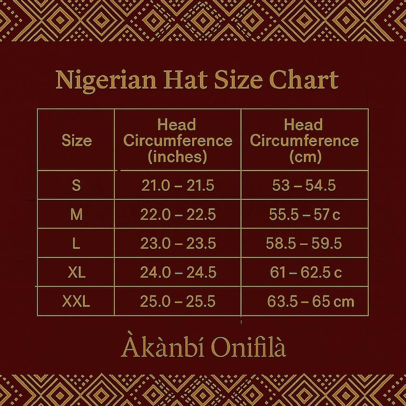 May include: A dark red Nigerian Hat Size Chart with gold text and geometric borders. The table lists sizes S through XXL with corresponding head circumference measurements in inches and centimeters. The text &Agrave;k&agrave;nb&iacute; Onifil&agrave; appears at the bottom.