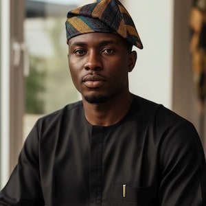 Yoruba Aso Oke Fila Hat, Handwoven Gold and Red Stripes, Traditional African Cap image 5