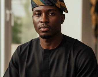 Yoruba Aso Oke Fila Hat, Handwoven Gold and Red Stripes, Traditional African Cap