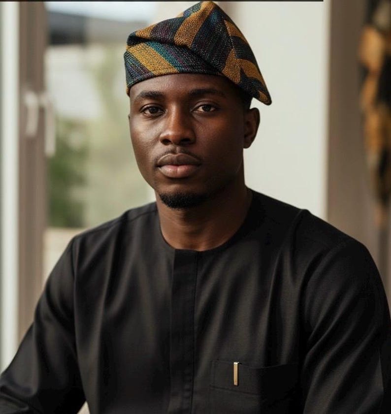 Yoruba Aso Oke Fila Hat, Handwoven Gold and Red Stripes, Traditional African Cap image 5