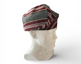 Yoruba Aso Oke Fila Hat, Handwoven Maroon Stripes, Traditional African Cap