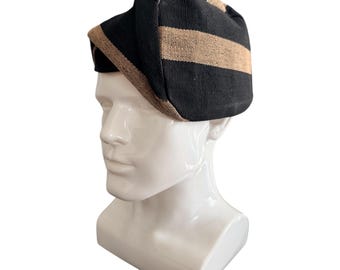 Yoruba Aso Oke Fila Hat, Handwoven Gold Black Stripes, Traditional African Cap