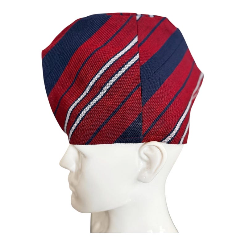 Handwoven Yoruba Aso Oke Fila Hat, Red Navy Blue Stripe, Bandless African Cap image 2