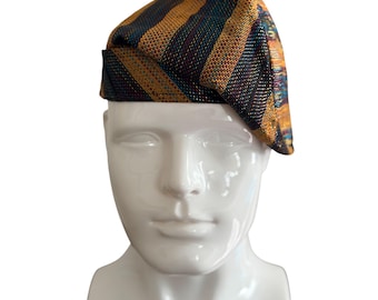 Yoruba Aso Oke Fila Hat, Handwoven Gold and Red Stripes, Traditional African Cap