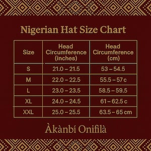May include: A Nigerian hat size chart with measurements in inches and centimeters. Sizes range from S to XXL, with head circumferences from 21.0 to 25.5 inches (53 to 65 cm). The chart is on a maroon background.