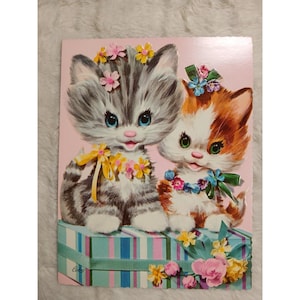 Vintage Coby Greeting Card Large Two Kittens Get Well Retro image 1