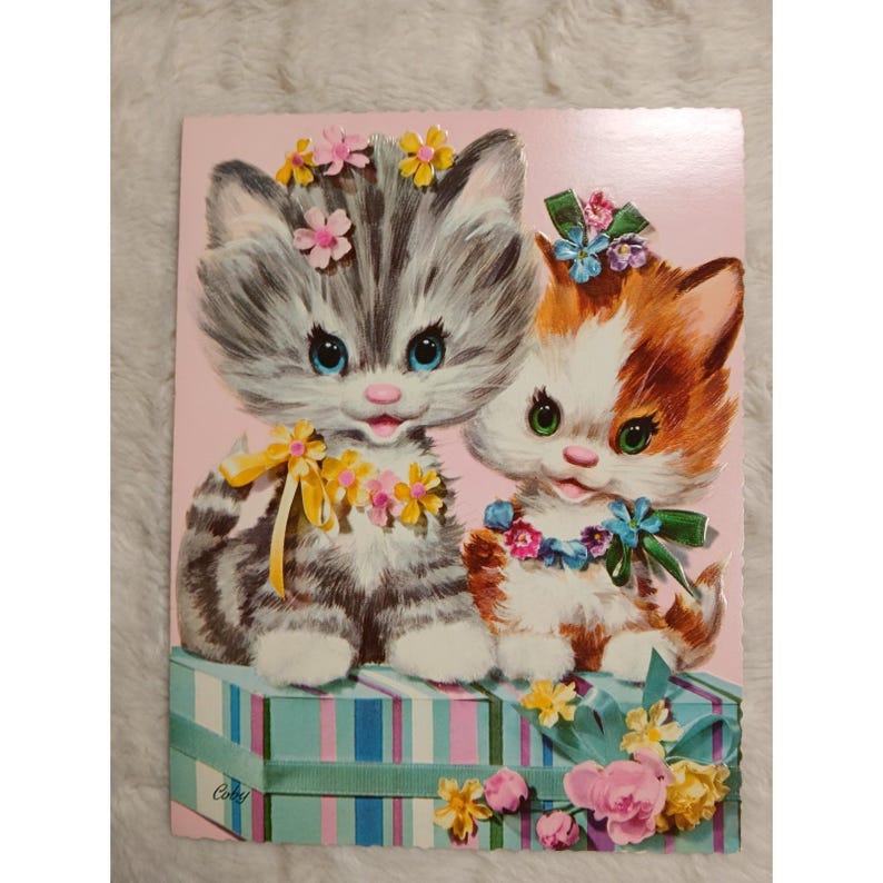 Vintage Coby Greeting Card Large Two Kittens Get Well Retro image 1