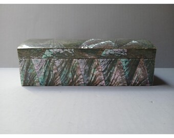 Vintage Iridescent Crackled Abalone Mosaic Humpback Jewelry Box w/red Interior