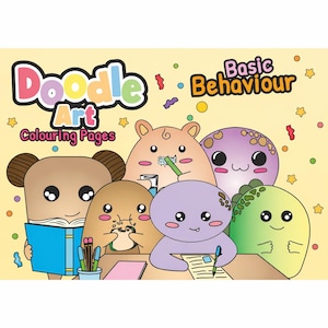 May include: A children's coloring book titled "Doodle Art Colouring Pages Basic Behaviour" featuring cartoon characters. The cover has a light yellow background with colorful confetti and stars. The characters are various colors and shapes.