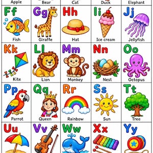 Może przedstawiać: Edukacyjny plakat z alfabetem zawierający dwadzieścia sześć kwadratów, z których każdy przedstawia wielką i małą literę w parze z kolorową ilustracją oraz odpowiadającą jej nazwą, od Apple do Zebra w układzie siatki.